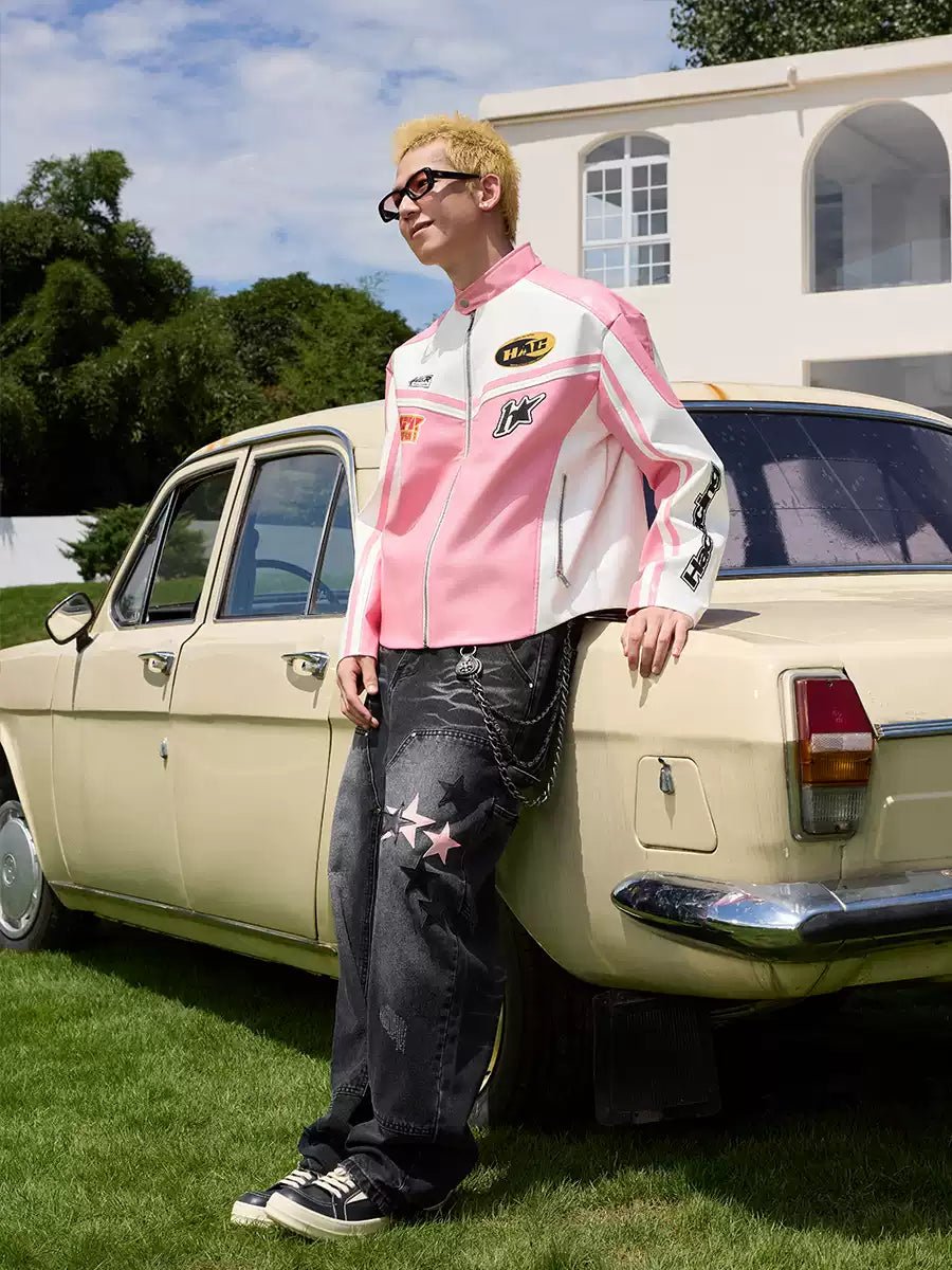 Barbie Pink and White Embroidered Racing Jacket - COPPING THREADS - Harsh and Cruel