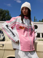 Barbie Pink and White Embroidered Racing Jacket - COPPING THREADS - Harsh and Cruel