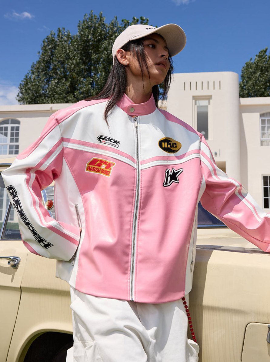 Barbie Pink and White Embroidered Racing Jacket - COPPING THREADS - Harsh and Cruel 메인 이미지