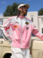 Barbie Pink and White Embroidered Racing Jacket - COPPING THREADS - Harsh and Cruel