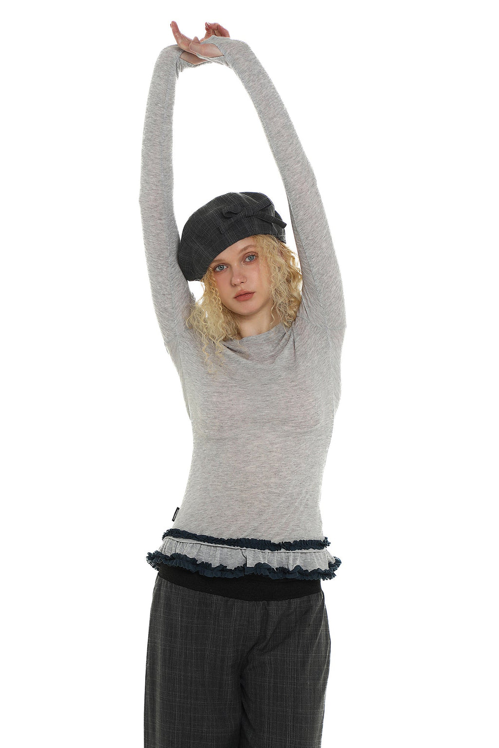 Basic Layered Ruffle Hem Fitted Long Sleeve T-Shirt - COPPING THREADS - MOROMORO