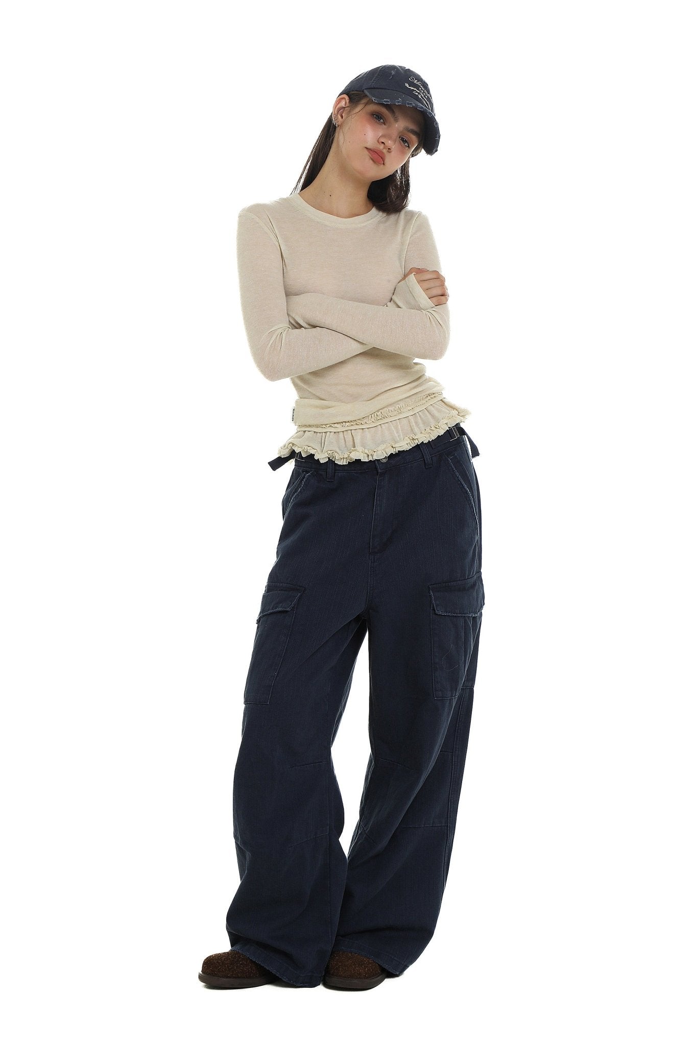 Basic Layered Ruffle Hem Fitted Long Sleeve T-Shirt - COPPING THREADS - MOROMORO