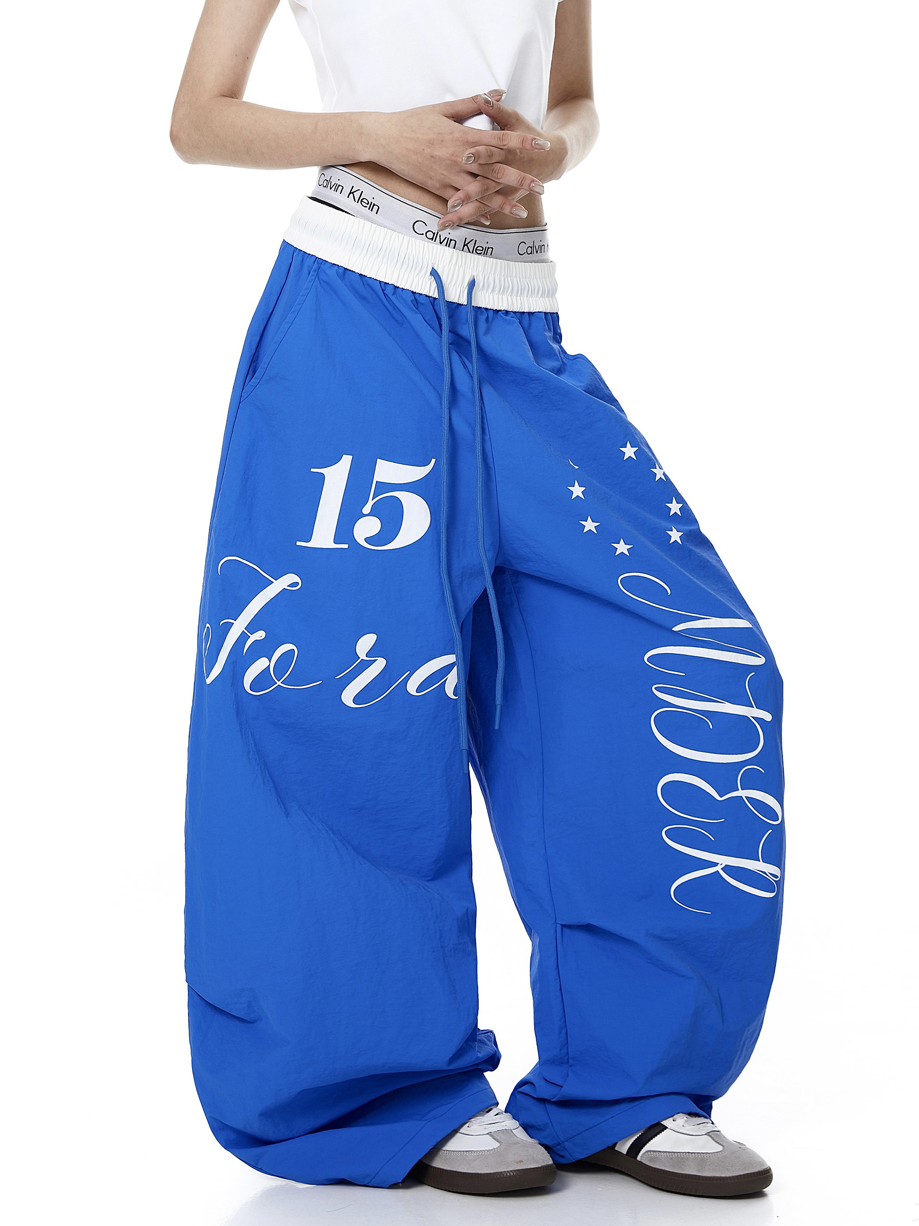 Color-Block Letter Print Parachute Pants
