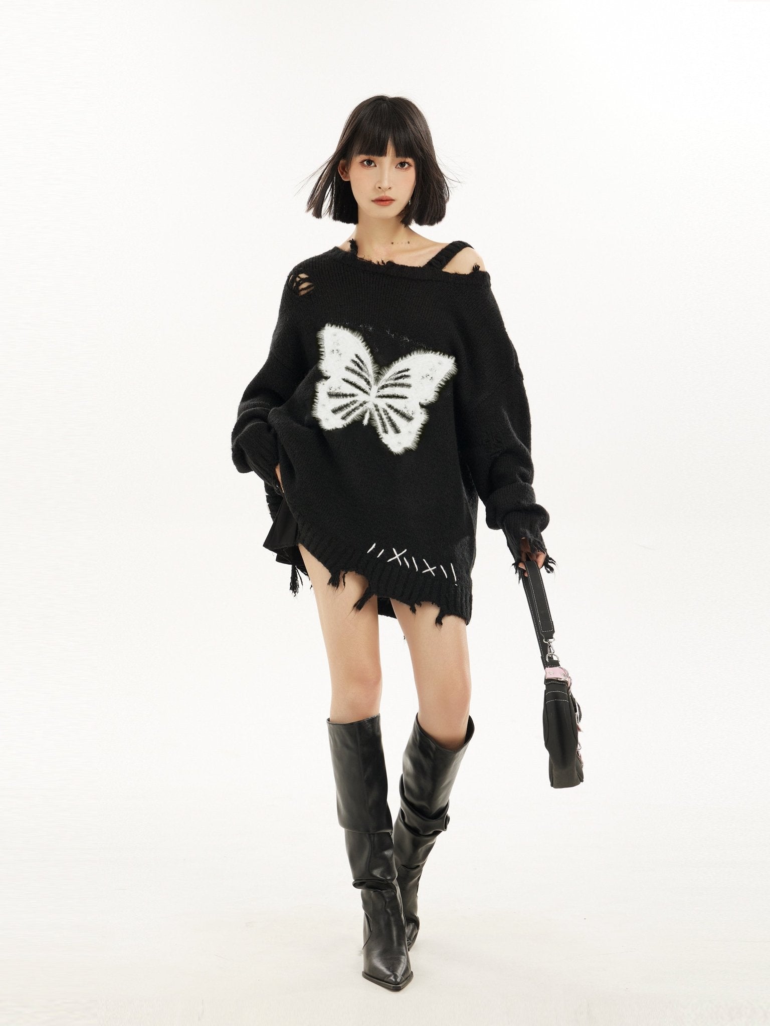Black Off - Shoulder Butterfly Print Sweater - COPPING THREADS - CT Select