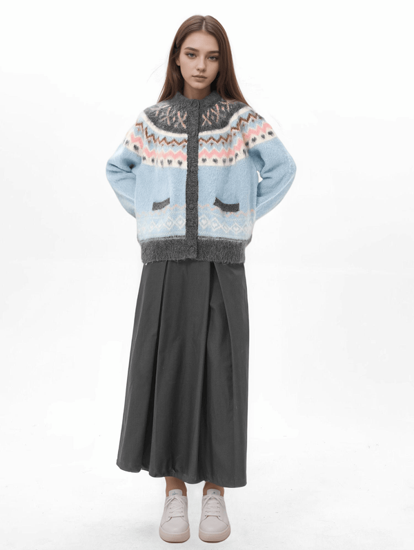 Blue Vintage Fair Isle Pattern Knit Cardigan - COPPING THREADS - CHICISLAND