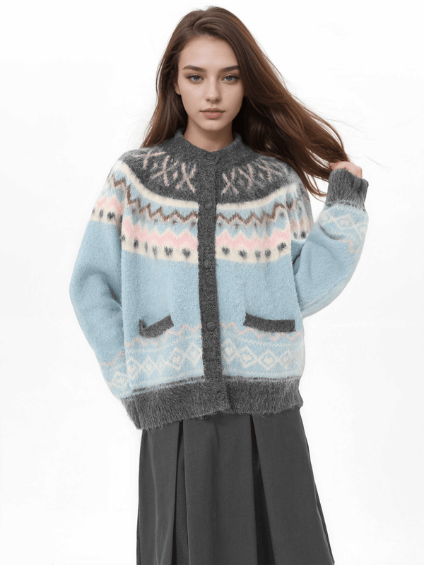 Blue Vintage Fair Isle Pattern Knit Cardigan - COPPING THREADS - CHICISLAND