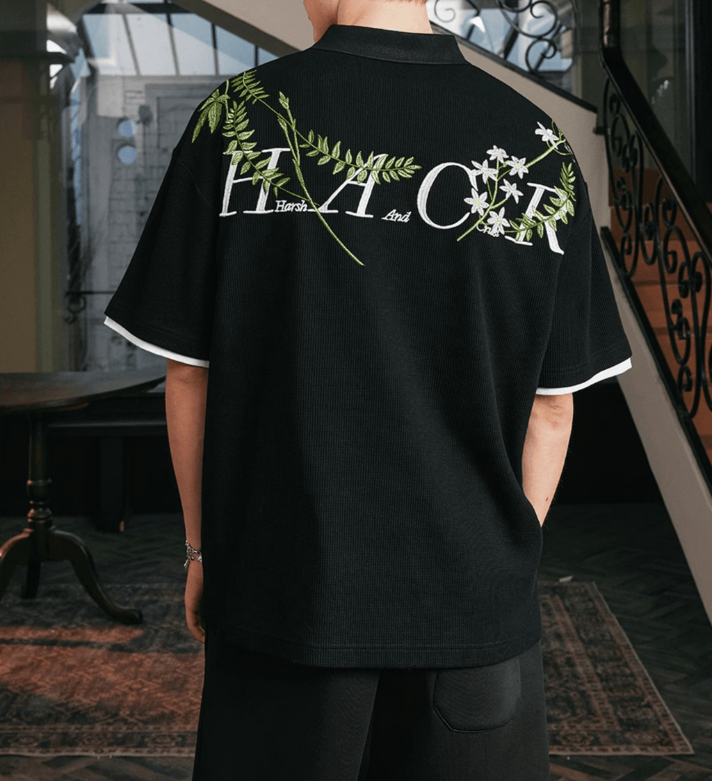 Botanical Embroidered Waffle Knit Polo Shirt - COPPING THREADS - Harsh and Cruel