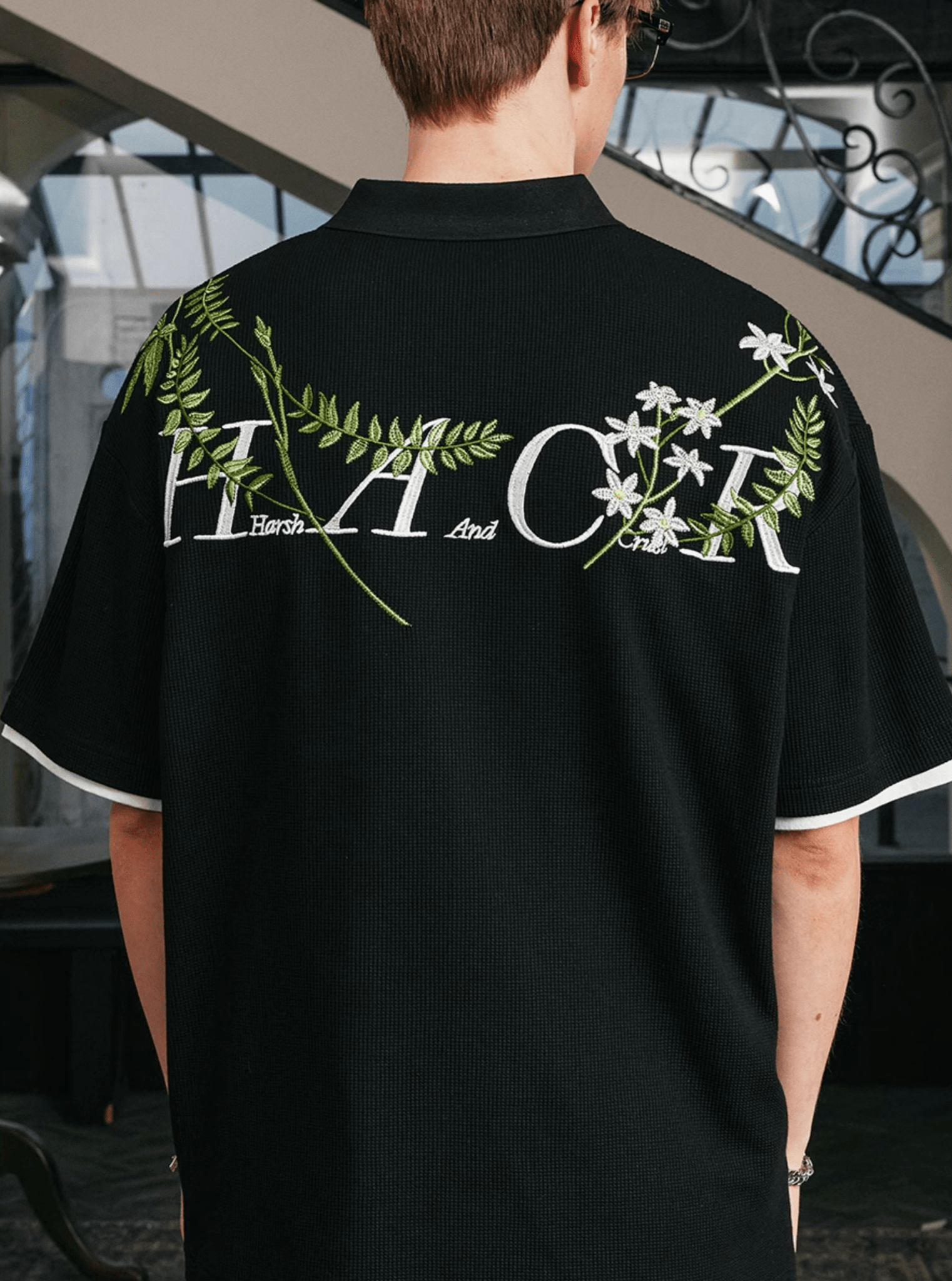 Botanical Embroidered Waffle Knit Polo Shirt - COPPING THREADS - Harsh and Cruel