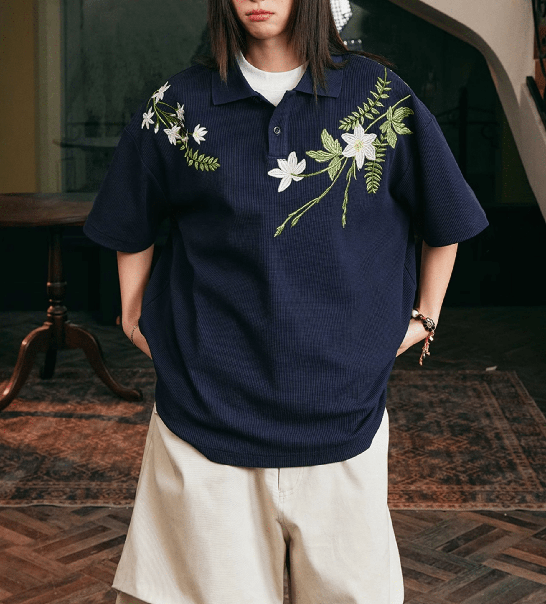 Botanical Embroidered Waffle Knit Polo Shirt - COPPING THREADS - Harsh and Cruel