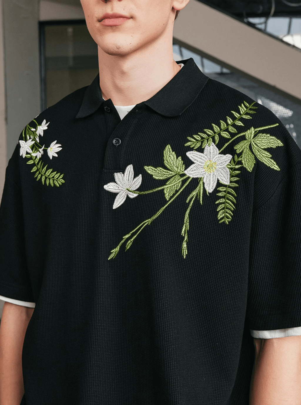 Botanical Embroidered Waffle Knit Polo Shirt - COPPING THREADS - Harsh and Cruel