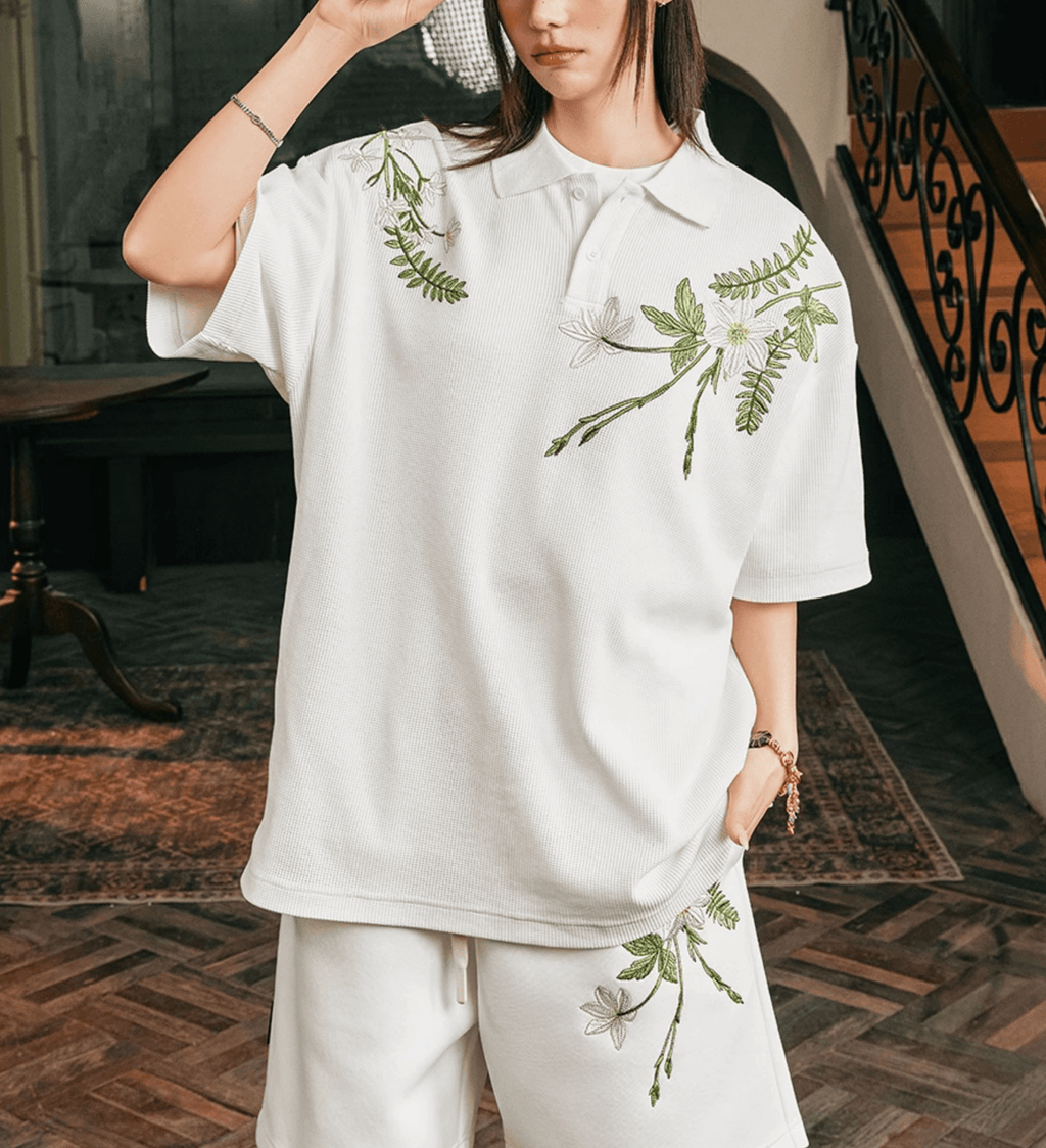 Botanical Embroidered Waffle Knit Polo Shirt - COPPING THREADS - Harsh and Cruel