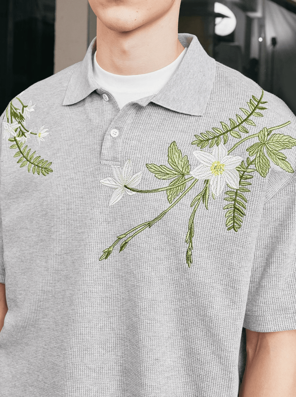 Botanical Embroidered Waffle Knit Polo Shirt - COPPING THREADS - Harsh and Cruel