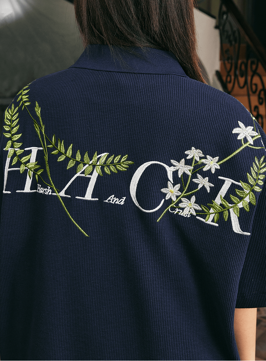 Botanical Embroidered Waffle Knit Polo Shirt - COPPING THREADS - Harsh and Cruel
