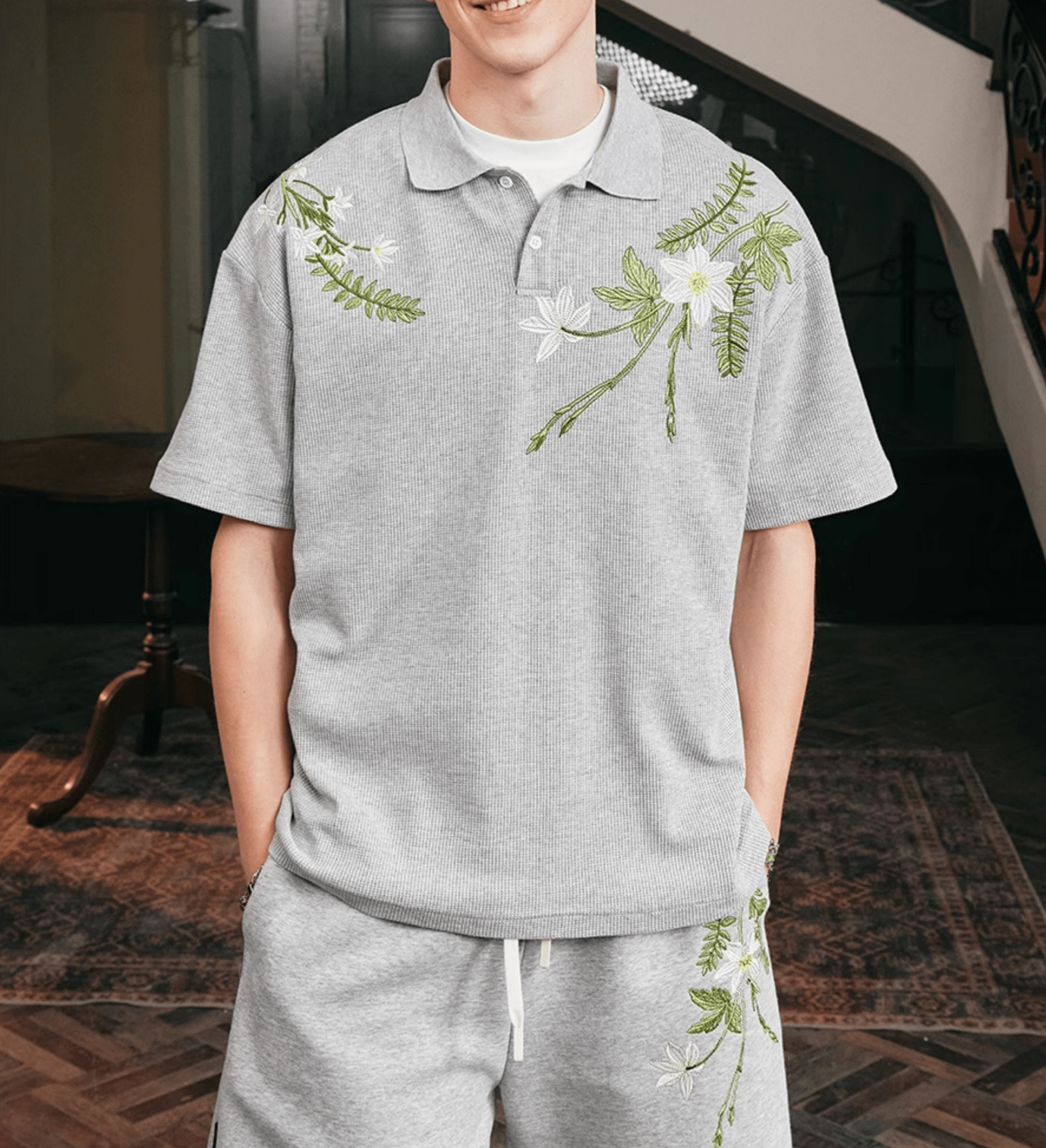 Botanical Embroidered Waffle Knit Polo Shirt - COPPING THREADS - Harsh and Cruel Hauptbild