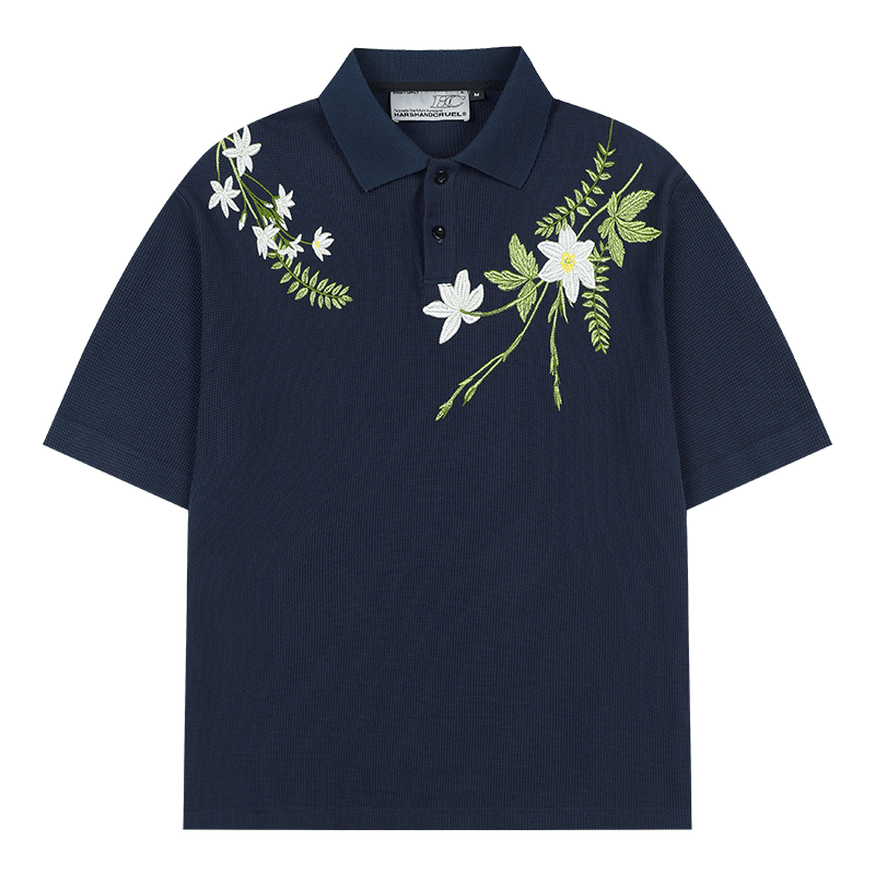 Botanical Embroidered Waffle Knit Polo Shirt - COPPING THREADS - Harsh and Cruel