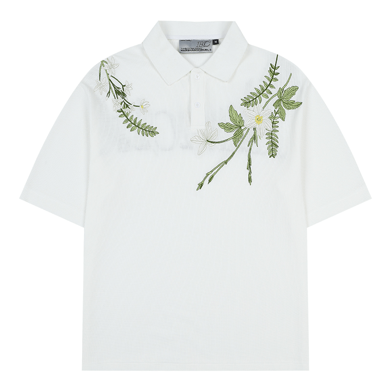 Botanical Embroidered Waffle Knit Polo Shirt - COPPING THREADS - Harsh and Cruel