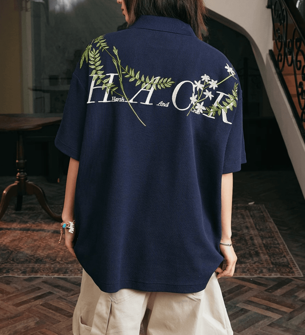 Botanical Embroidered Waffle Knit Polo Shirt - COPPING THREADS - Harsh and Cruel