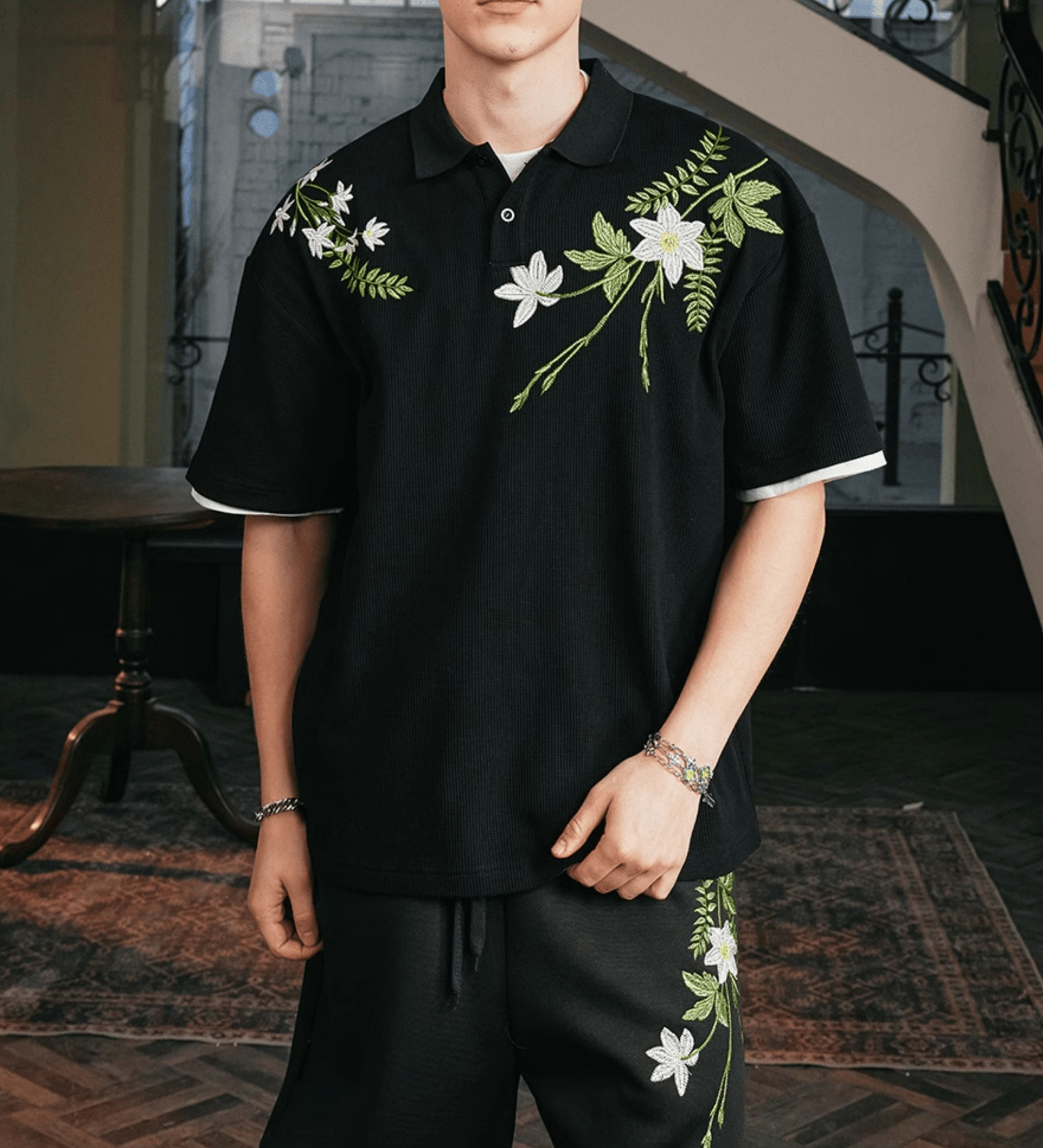 Botanical Embroidered Waffle Knit Polo Shirt - COPPING THREADS - Harsh and Cruel