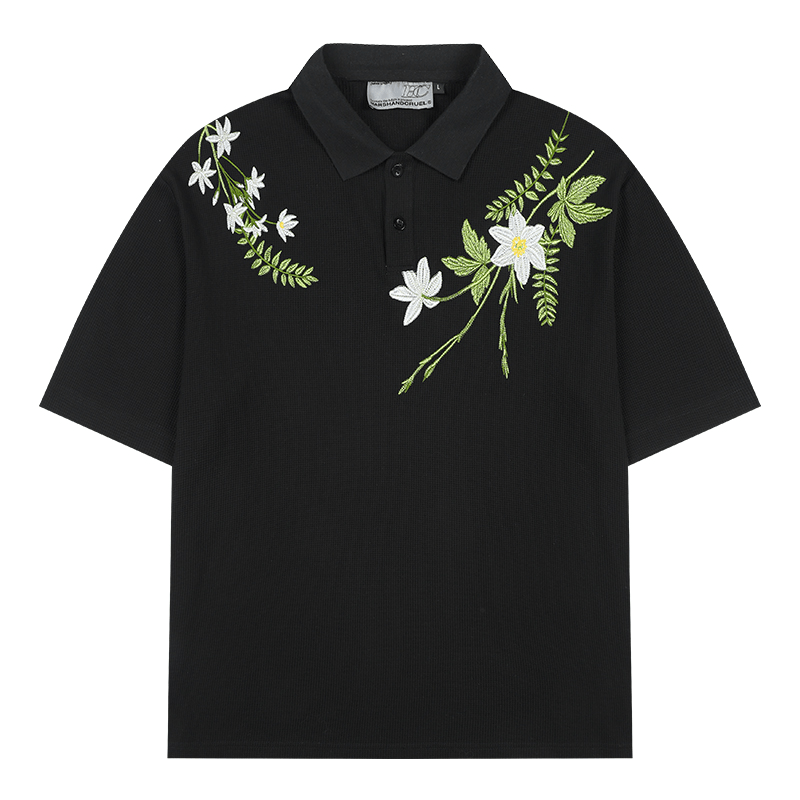 Botanical Embroidered Waffle Knit Polo Shirt - COPPING THREADS - Harsh and Cruel