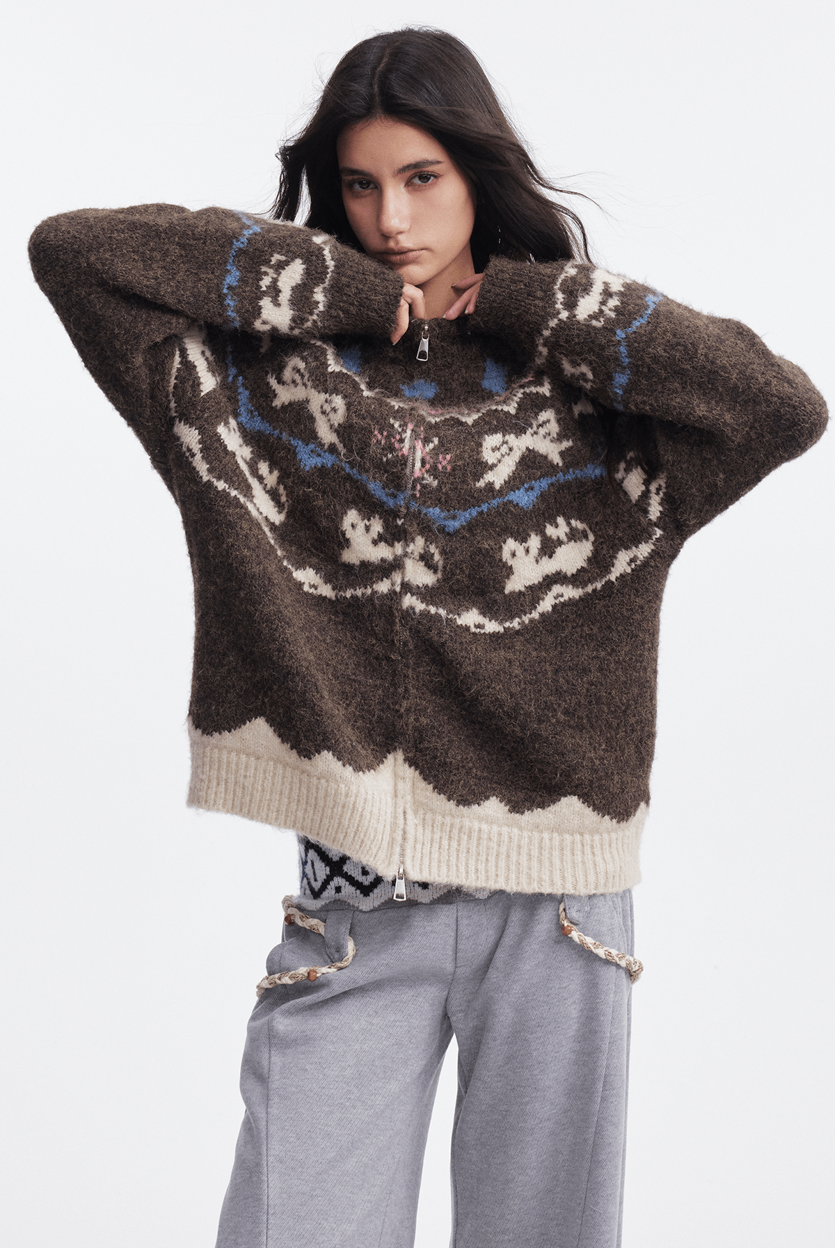 Bow & Bird Jacquard Fair Isle Zip Fuzzy Sweater - COPPING THREADS - CHICISLAND