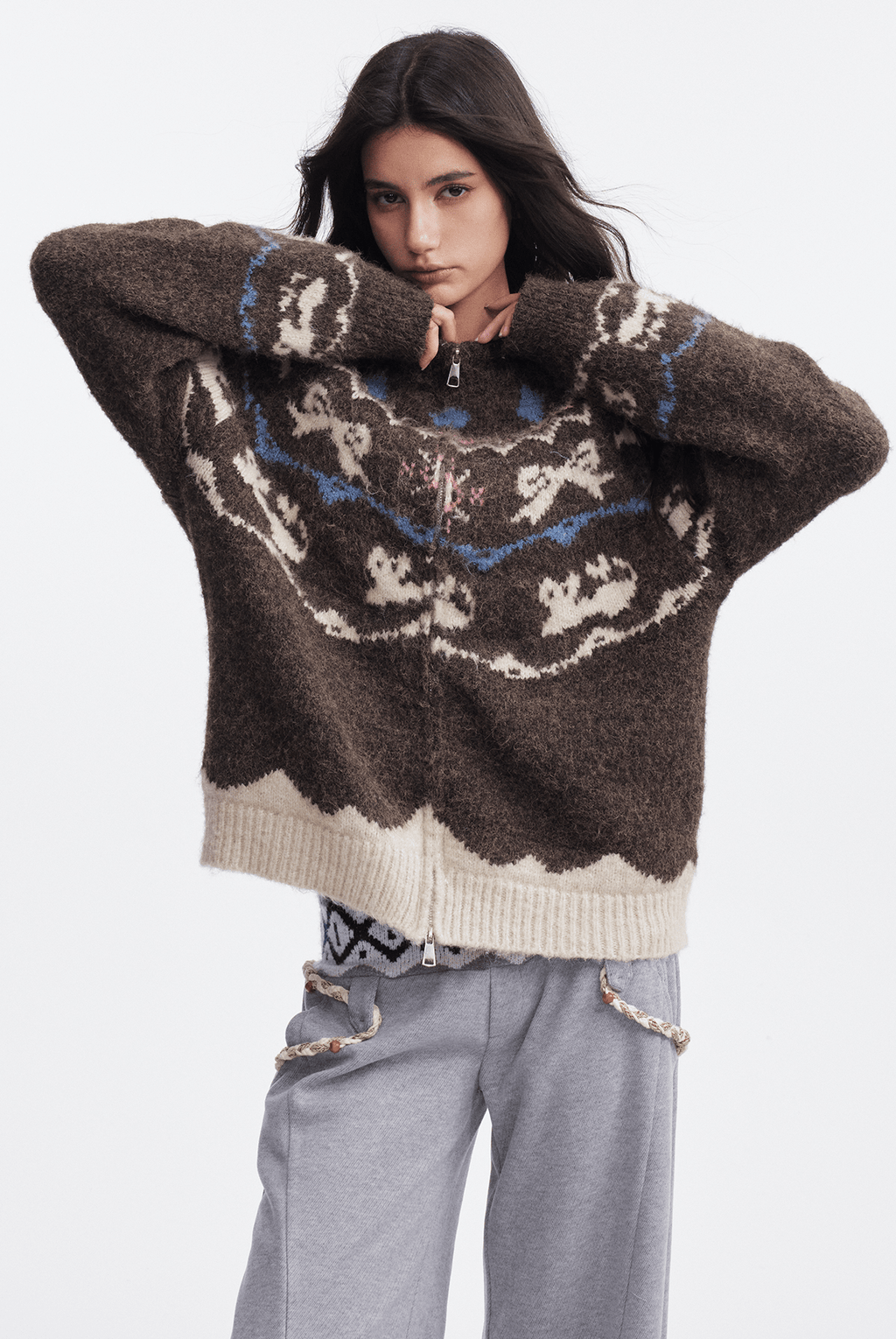Bow & Bird Jacquard Fair Isle Zip Fuzzy Sweater - COPPING THREADS - CHICISLAND
