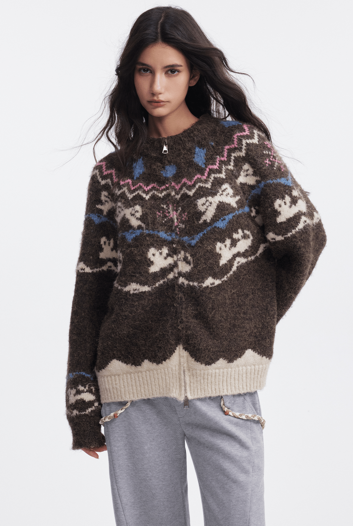 Bow & Bird Jacquard Fair Isle Zip Fuzzy Sweater - COPPING THREADS - CHICISLAND