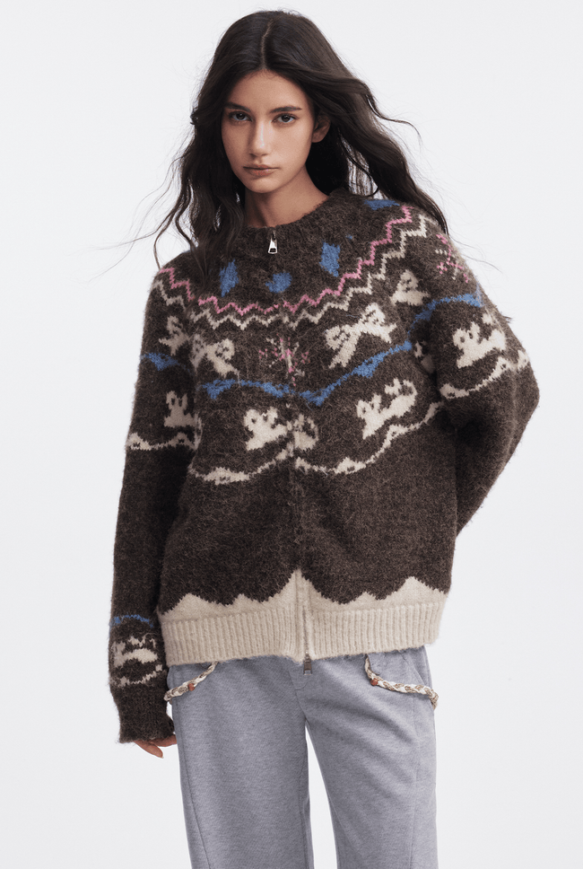 Bow & Bird Jacquard Fair Isle Zip Fuzzy Sweater - COPPING THREADS - CHICISLAND Hover Image