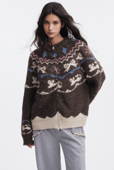 Bow & Bird Jacquard Fair Isle Zip Fuzzy Sweater - COPPING THREADS - CHICISLAND