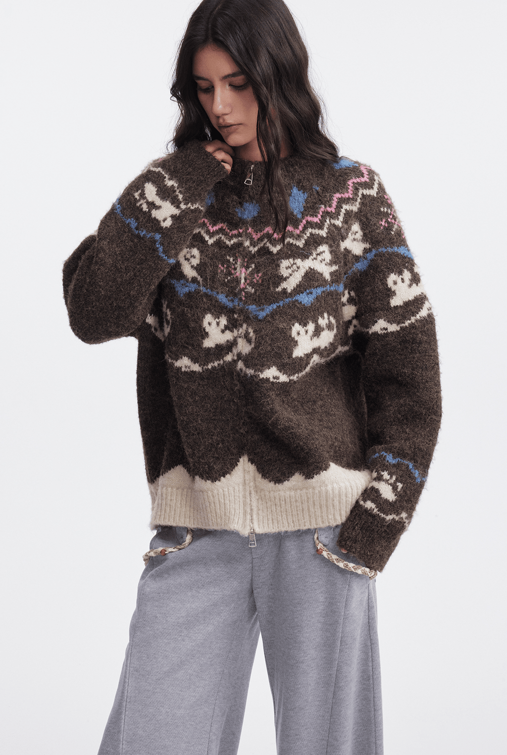 Bow & Bird Jacquard Fair Isle Zip Fuzzy Sweater - COPPING THREADS - CHICISLAND