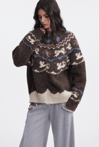 Bow & Bird Jacquard Fair Isle Zip Fuzzy Sweater - COPPING THREADS - CHICISLAND