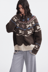 Bow & Bird Jacquard Fair Isle Zip Fuzzy Sweater - COPPING THREADS - CHICISLAND