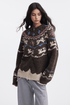 Bow & Bird Jacquard Fair Isle Zip Fuzzy Sweater - COPPING THREADS - CHICISLAND