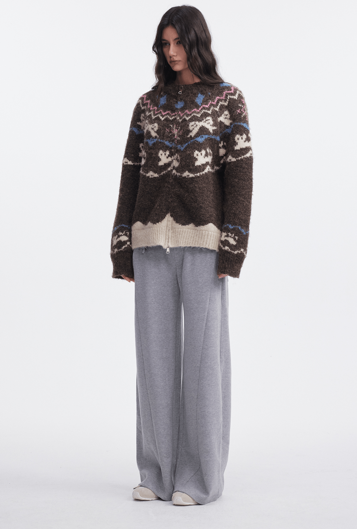 Bow & Bird Jacquard Fair Isle Zip Fuzzy Sweater - COPPING THREADS - CHICISLAND
