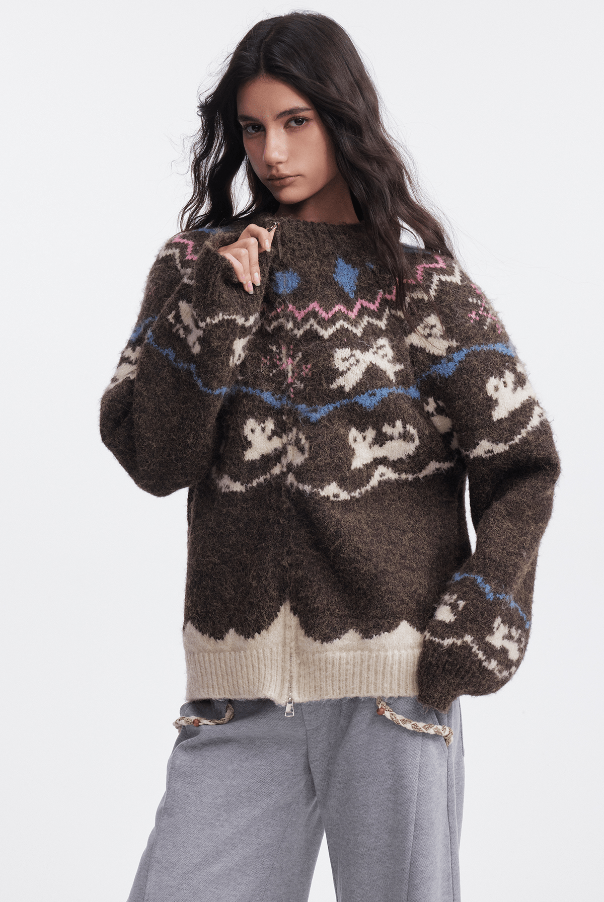 Bow & Bird Jacquard Fair Isle Zip Fuzzy Sweater - COPPING THREADS - CHICISLAND