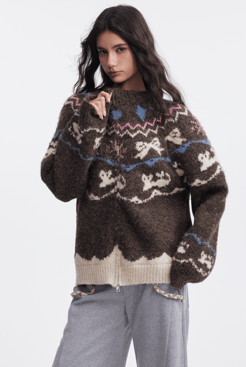 Bow & Bird Jacquard Fair Isle Zip Fuzzy Sweater - COPPING THREADS - CHICISLAND