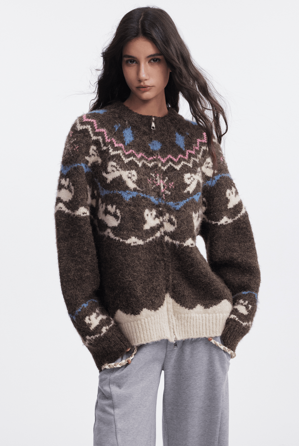 Bow & Bird Jacquard Fair Isle Zip Fuzzy Sweater - COPPING THREADS - CHICISLAND