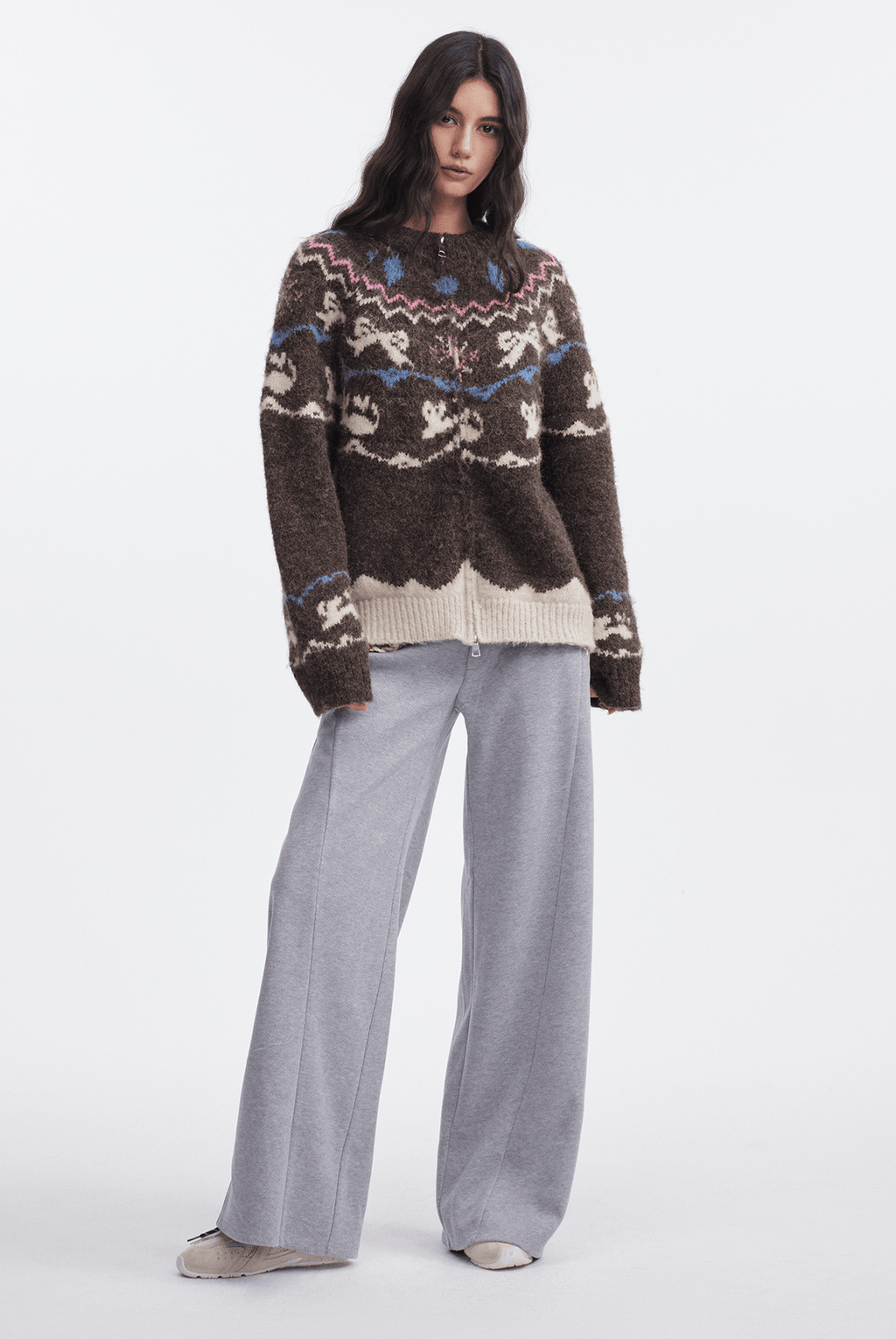 Bow & Bird Jacquard Fair Isle Zip Fuzzy Sweater - COPPING THREADS - CHICISLAND