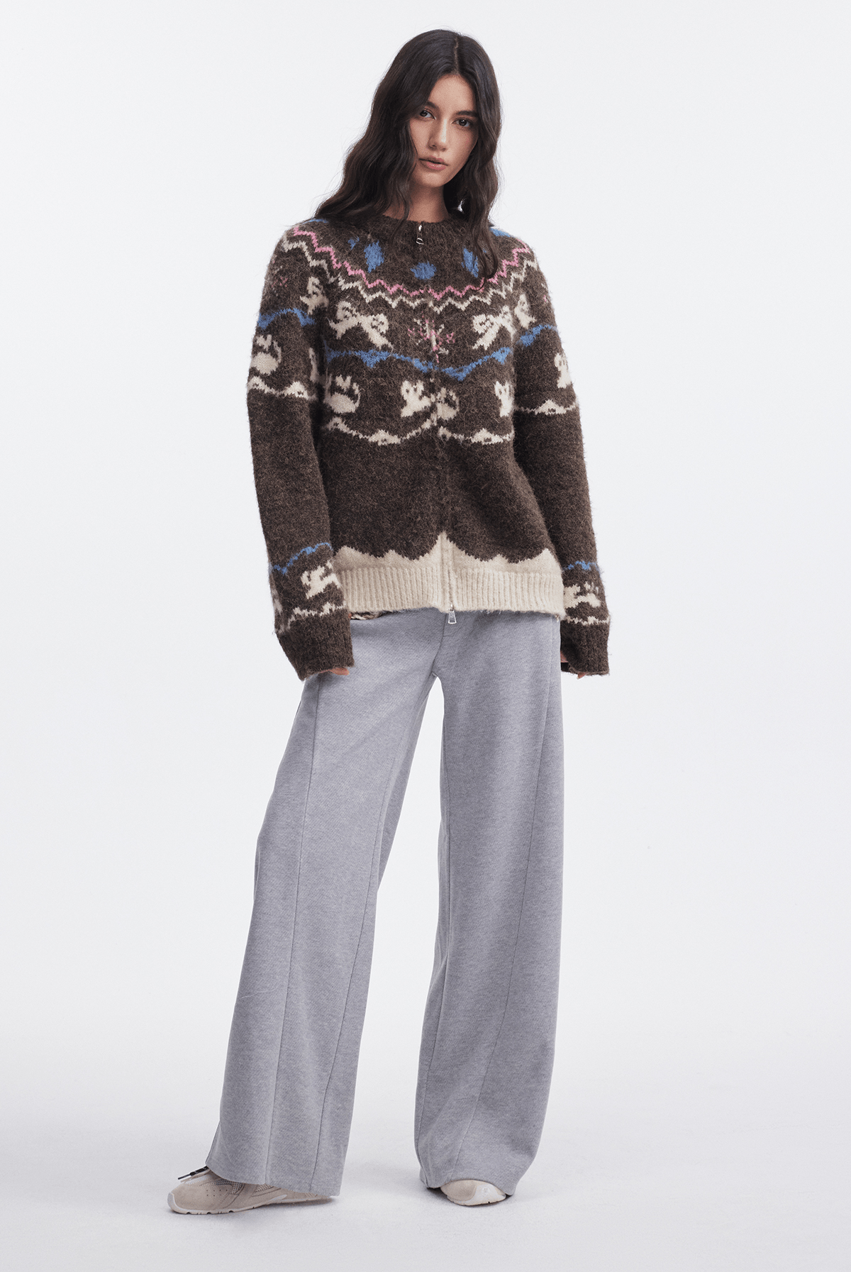 Bow & Bird Jacquard Fair Isle Zip Fuzzy Sweater - COPPING THREADS - CHICISLAND