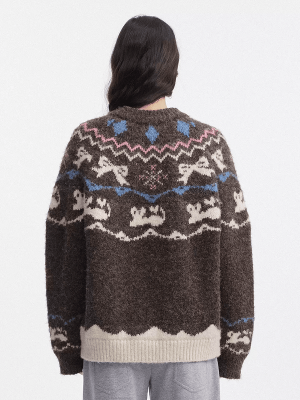 Bow & Bird Jacquard Fair Isle Zip Fuzzy Sweater - COPPING THREADS - CHICISLAND