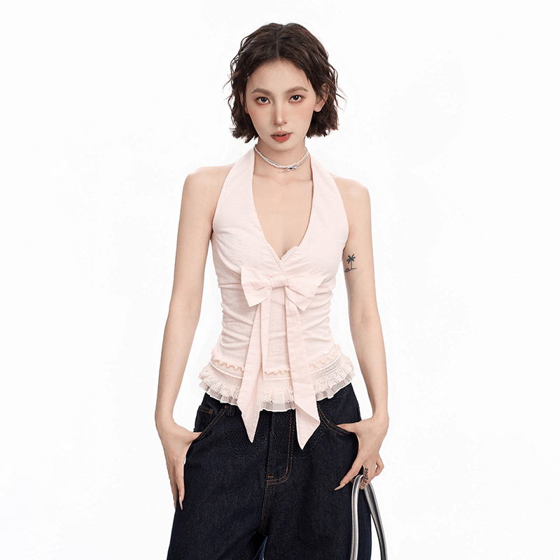 Bow Halter Lace Trim Tank Top - COPPING THREADS - CT Select Main image