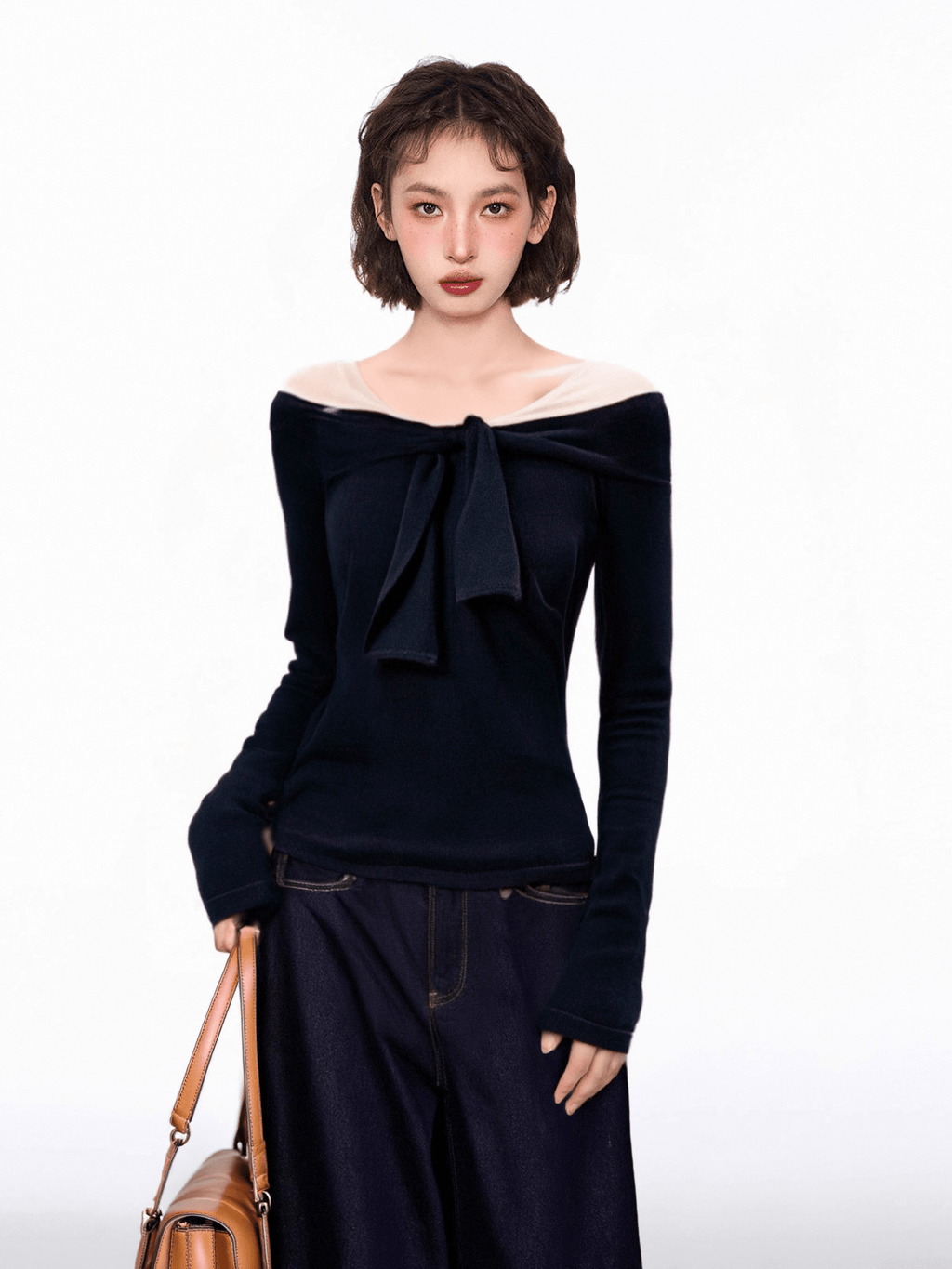 Bow - Neck Off - Shoulder Ribbed Knit Top - COPPING THREADS - CT Select