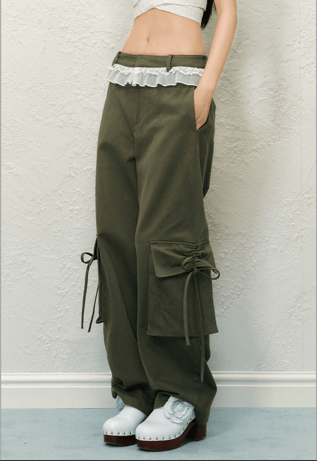 Bow Pockets Low - Rise Lace Trim Cargo Pants - COPPING THREADS - AGAM Hover Image