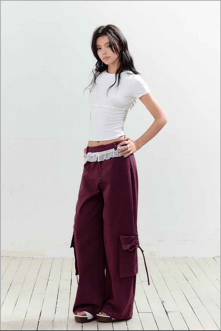 Bow Pockets Low - Rise Lace Trim Cargo Pants - COPPING THREADS - AGAM