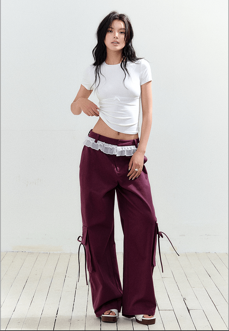 Bow Pockets Low - Rise Lace Trim Cargo Pants - COPPING THREADS - AGAM