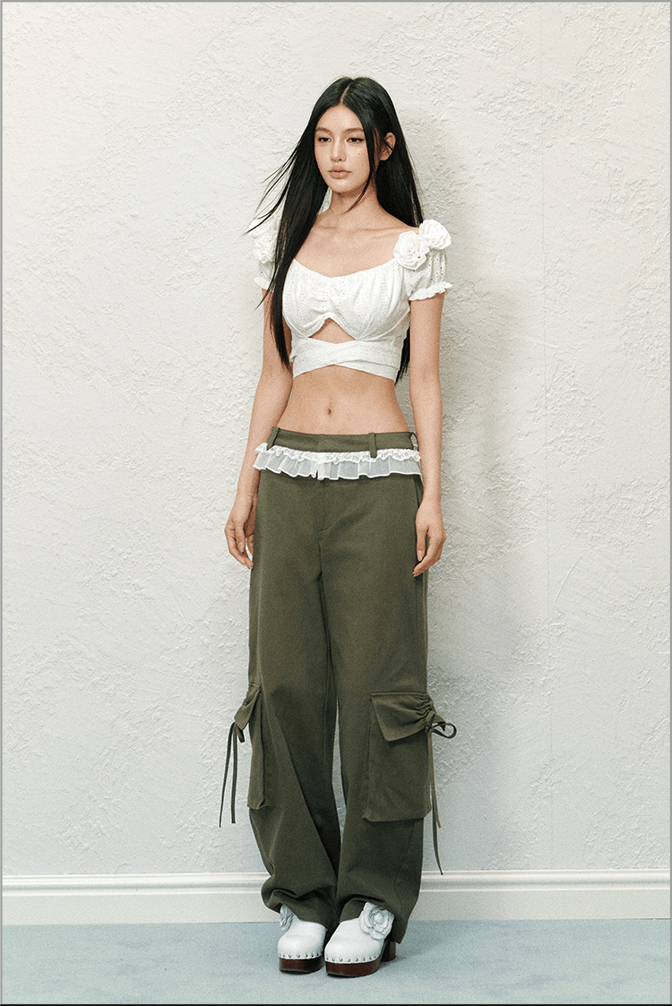 Bow Pockets Low - Rise Lace Trim Cargo Pants - COPPING THREADS - AGAM