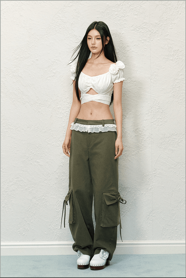 Bow Pockets Low - Rise Lace Trim Cargo Pants - COPPING THREADS - AGAM