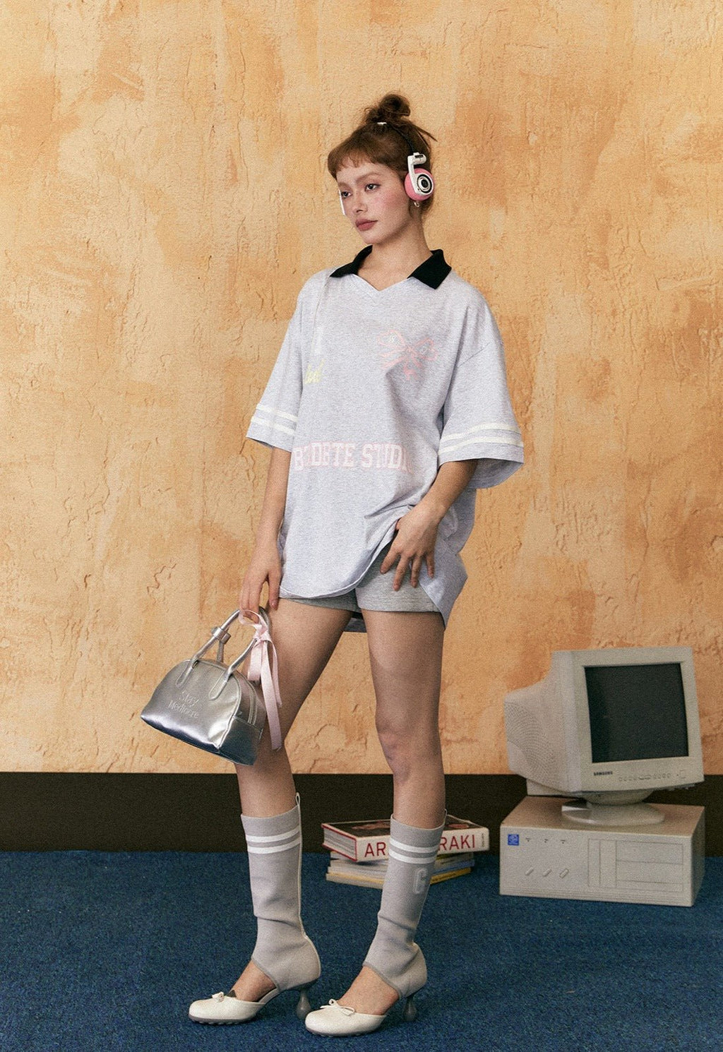 Bow Print Drop Shoulder Polo Collar Tee - COPPING THREADS - CHICISLAND