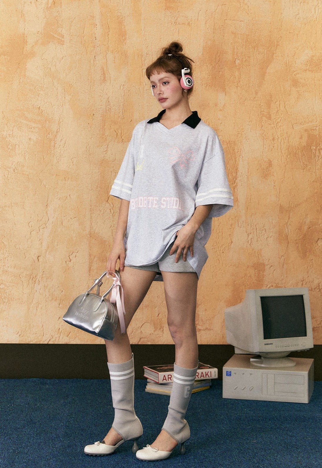 Bow Print Drop Shoulder Polo Collar Tee - COPPING THREADS - CHICISLAND