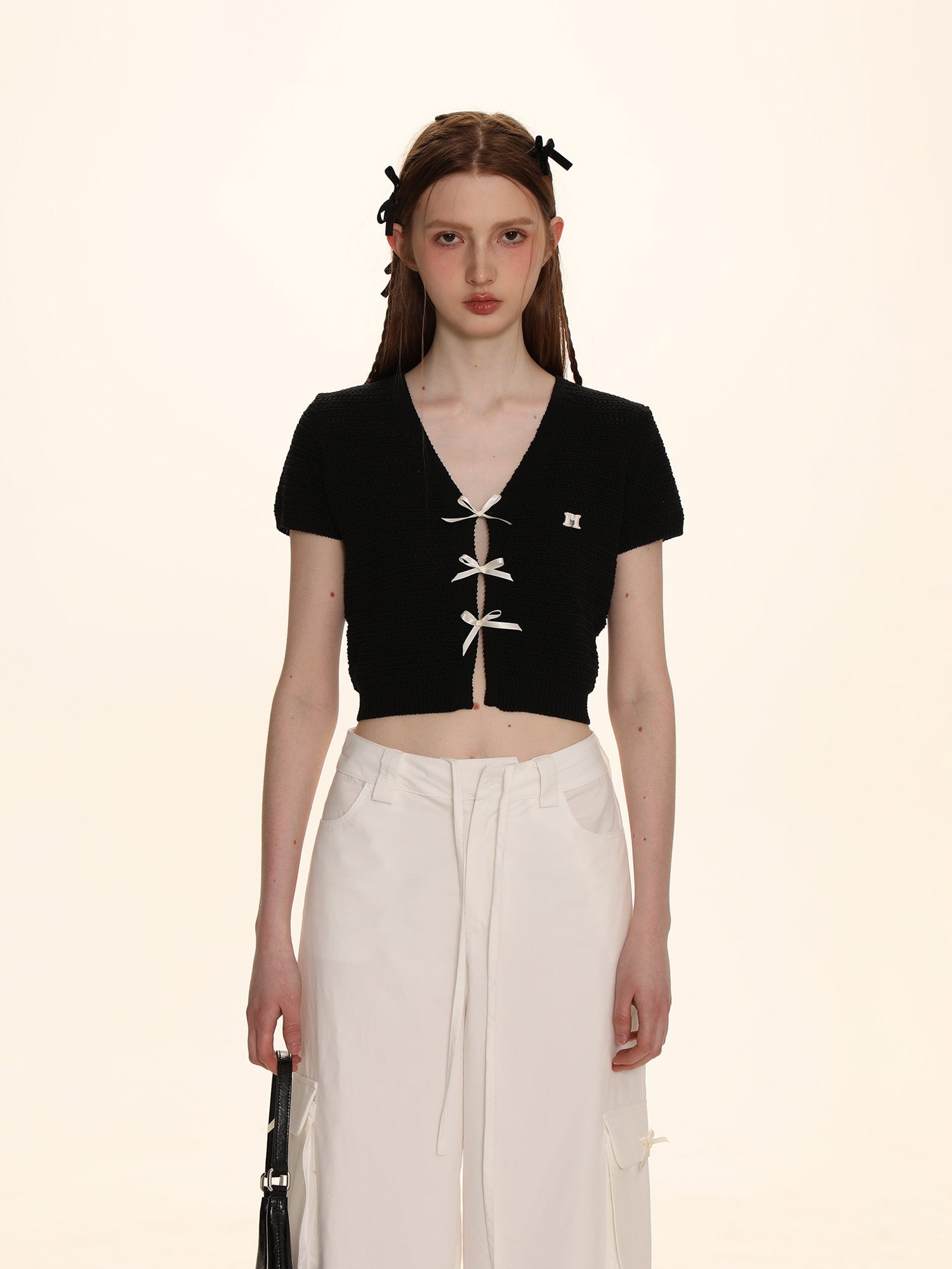 Bow Ribbon Knitted Short Sleeve Cardigan - COPPING THREADS - MOROMORO Main image