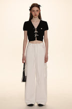 Bow Ribbon Knitted Short Sleeve Cardigan - COPPING THREADS - MOROMORO